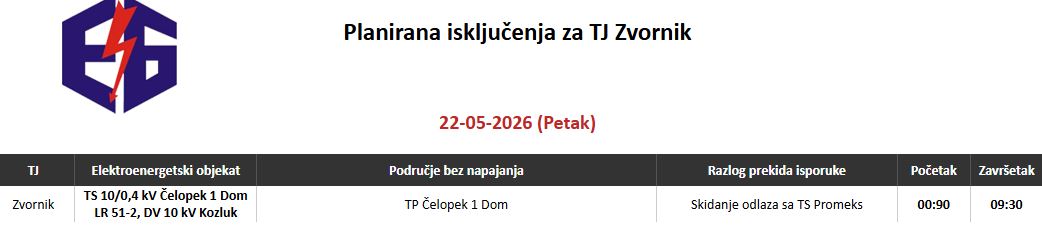 U petak kratkotrajni prekid električne energije na području Zvornika