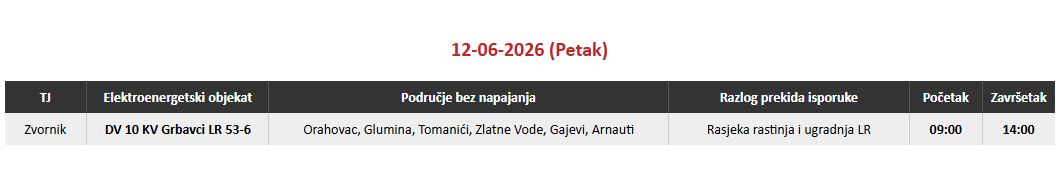Zbog planiranih radova na elektrodistributivnoj mreži, oko hiljadu korisnika na području Zvornika ovog petka, 12. juna, ostat će bez električne energije.