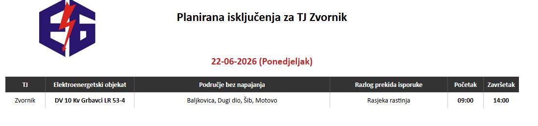 U ponedjeljak bez struje četiri naselja na području Zvornika