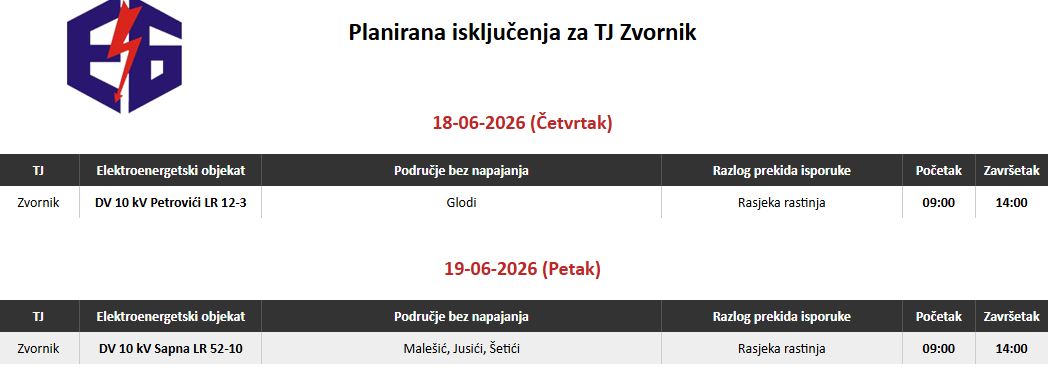 Ovog četvrtka jedno zvorničko naselje bez struje zbog planirane rasjeke rastinja
