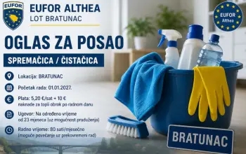 EUFOR u Bratuncu zapošljava spremačicu/čistačicu: Plata po satu, topli obrok i ugovor do 23 mjeseca
