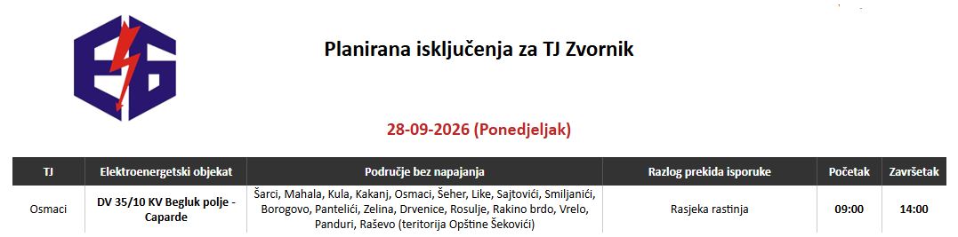 Ovog ponedjeljka bez struje dio područja dvije lokalne zajednice na području TJ Zvornik