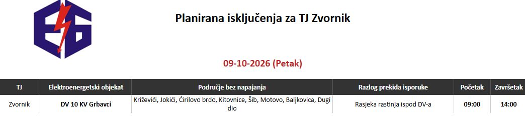 Ovog petka bez električne energije nekoliko zvorničkih naselja u periodu od 9 do 14 časova