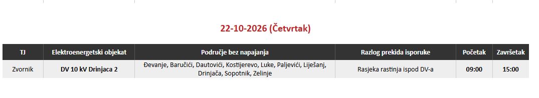 U četvrtak bez struje više naselja na području Zvornika, mogući i problemi s vodosnabdijevanjem